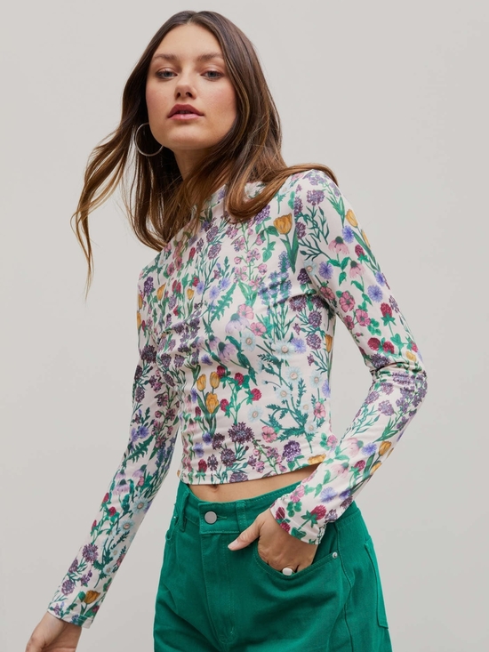 Cider Tops - Cider Long Sleeve Floral Crop Top Colorful Botanical Print Sz M